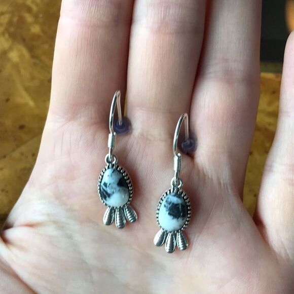 Natural White Buffalo Sterling Silver Feather Earrings - Picture 6 of 7